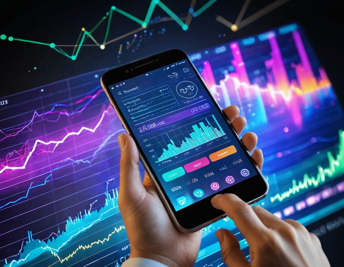 A futuristic digital banking app interface displayed on a sleek smartphone, surrounded by floating holographic financial graphs and charts that illustrate growth and investment. In the background, a diverse group of people are engaging with digital devices, showcasing innovative banking solutions. The scene is vibrant, blending technology and finance in a modern setting. super-realistic. bright colors. high-tech elements.