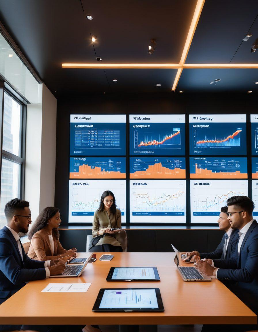 A stylish modern bank interior showcasing diverse banking tools like mobile apps, calculators, and investment platforms. A diverse group of individuals engaged in discussions around finance, with a large digital screen displaying growth charts in the background. Soft natural lighting creating an inviting atmosphere. super-realistic. vibrant colors. modern aesthetics.