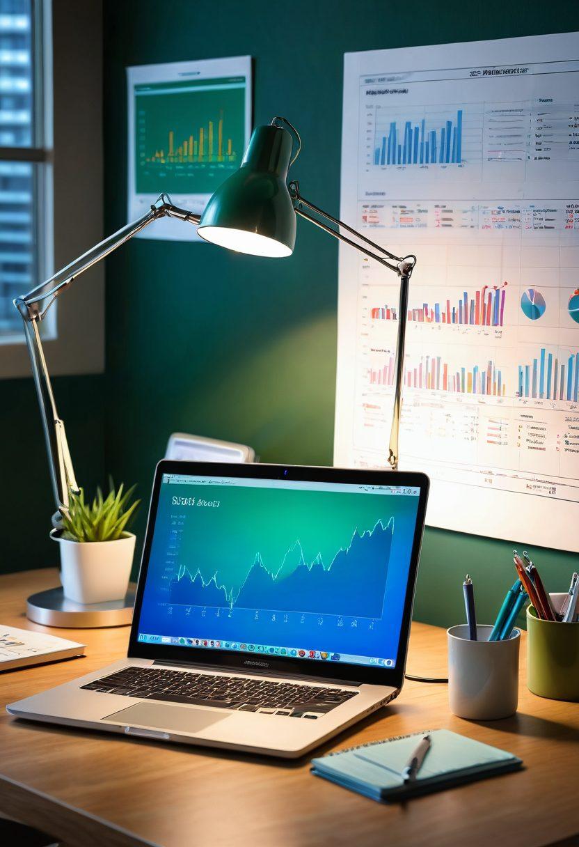 A modern workspace featuring a sleek laptop, colorful financial charts, and essential saving tools like a calculator and budget planner. Surrounding this scene are glowing icons representing various financial services, such as investment, saving, and budgeting apps. The soft glow of a desk lamp casts a warm light, inspiring productivity and savvy decision-making. The background is a calming blend of blue and green hues, symbolizing growth and stability. super-realistic. vibrant colors. cozy atmosphere.